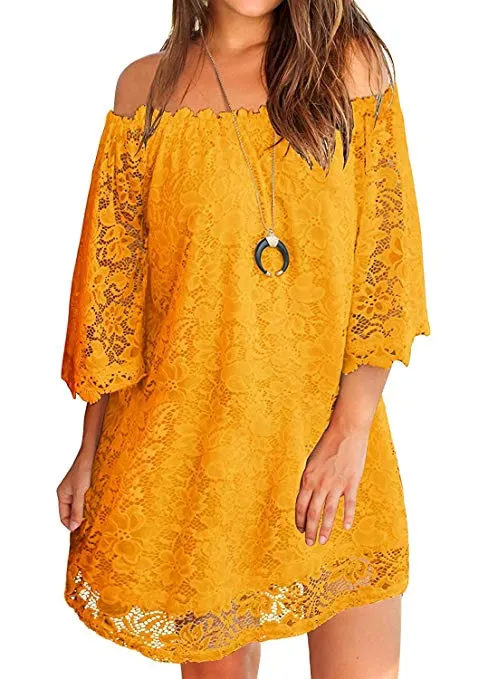 Women's Off Shoulder Flowy Vintage Lace Shift Loose Mini Dress