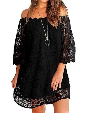 Women's Off Shoulder Flowy Vintage Lace Shift Loose Mini Dress