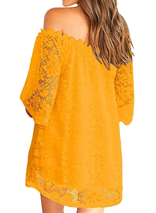 Women's Off Shoulder Flowy Vintage Lace Shift Loose Mini Dress