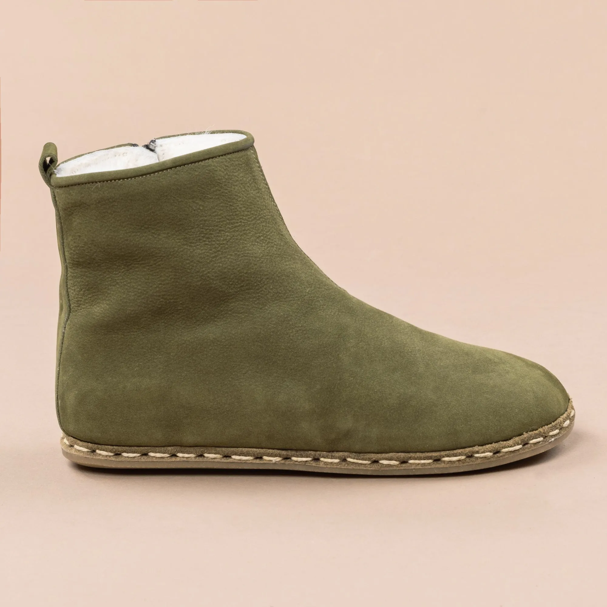 Women's Olive Barefoot Boots with Fur