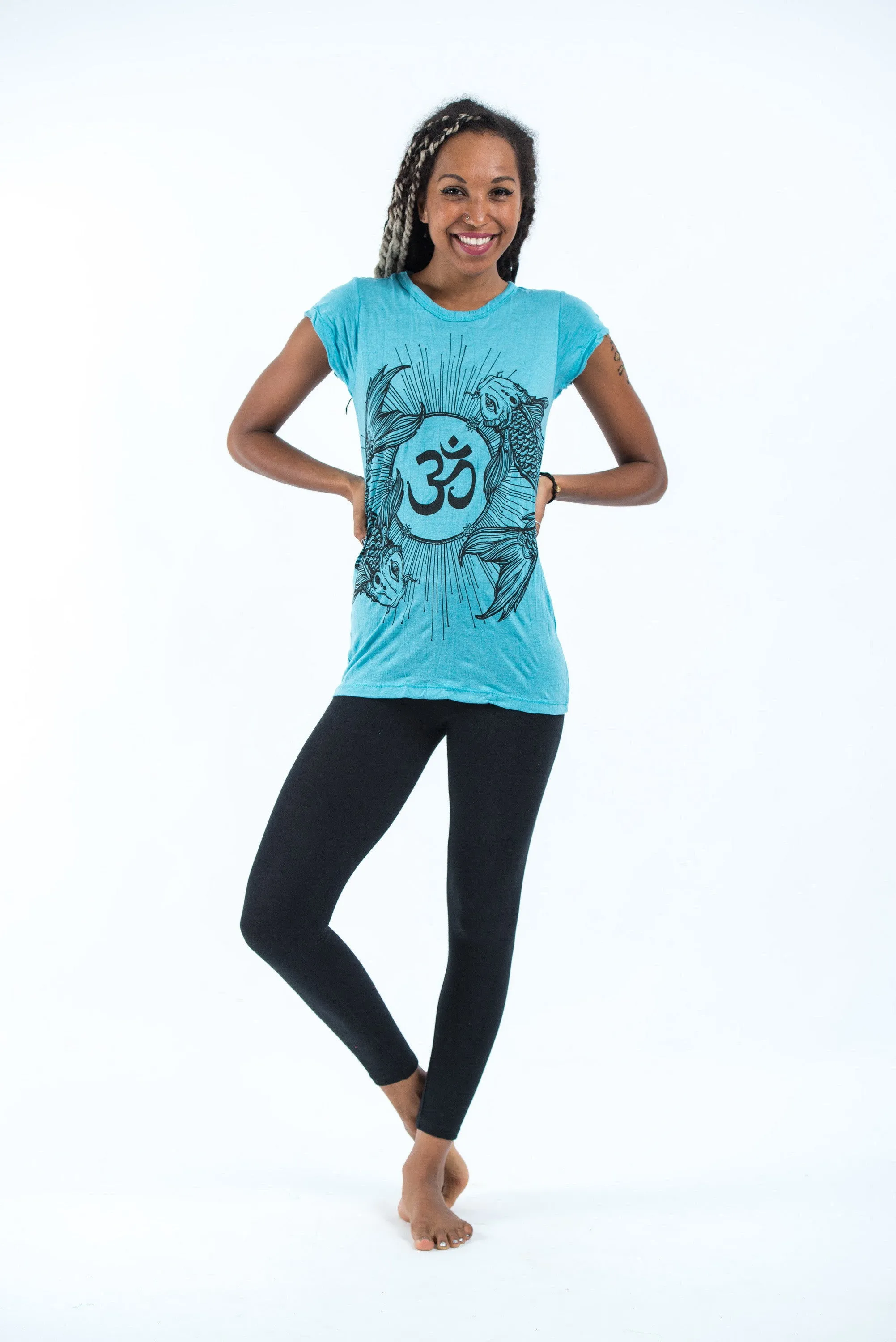 Womens Om and Koi Fish T-Shirt in Turquoise