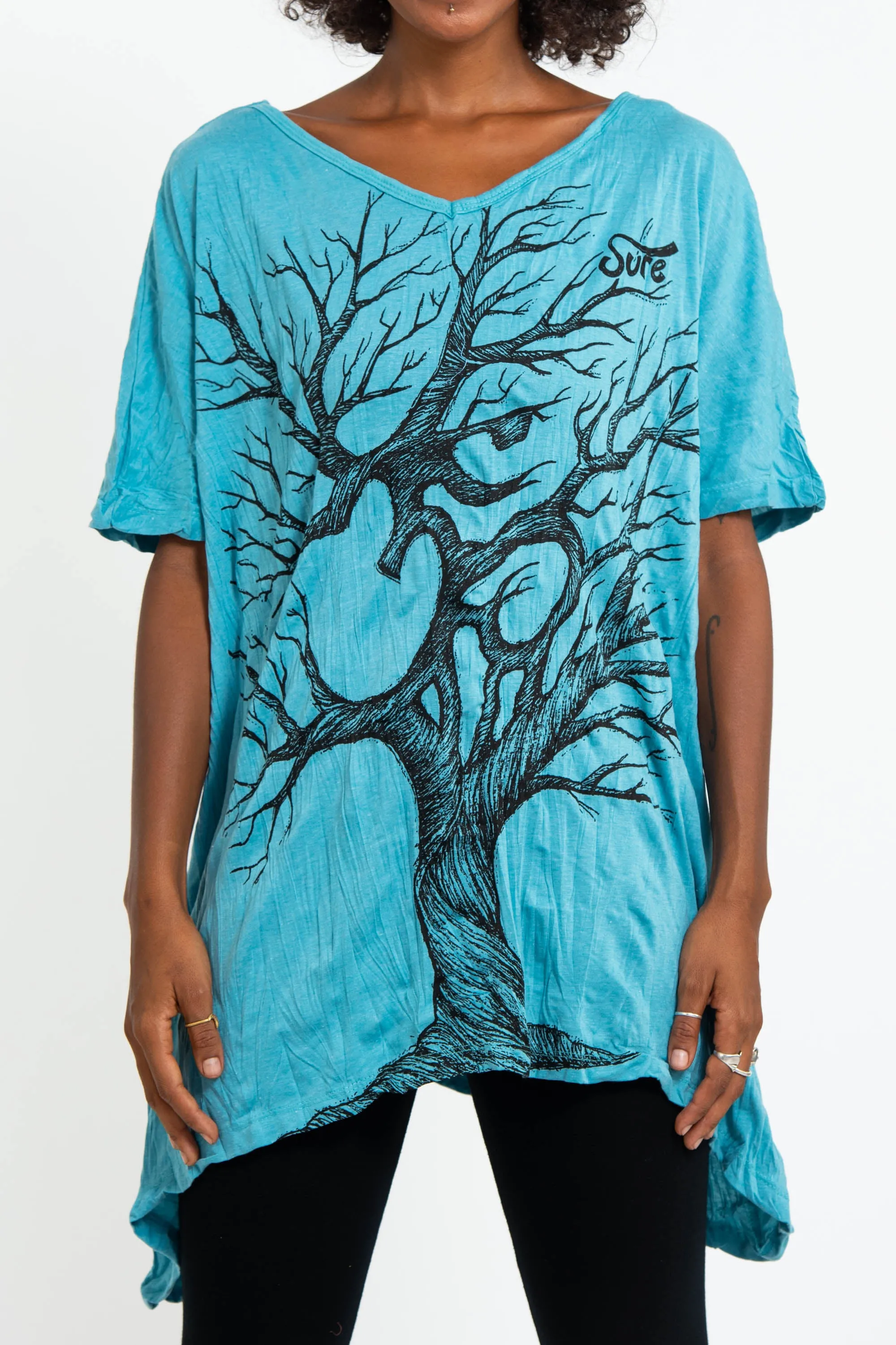 Womens Om Tree Loose V Neck T-Shirt in Turquoise