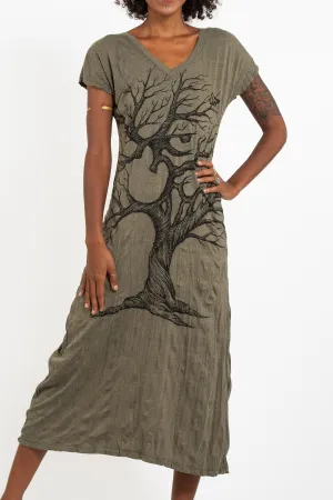 Womens Om Tree V Neck Long Dress in Green