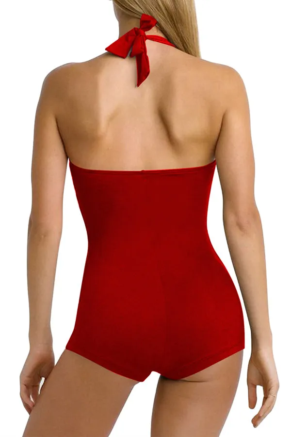 Women's One Piece Tummy Control Swimwear Boyleg Backless Ruched Swimsuit