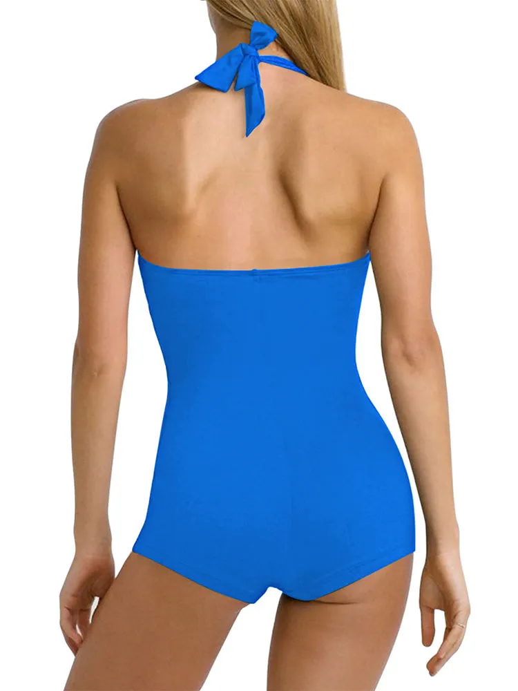 Women's One Piece Tummy Control Swimwear Boyleg Backless Ruched Swimsuit