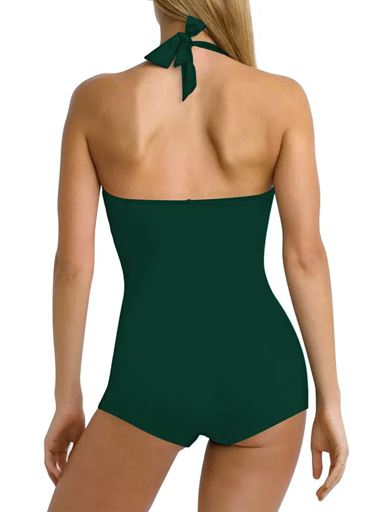 Women's One Piece Tummy Control Swimwear Boyleg Backless Ruched Swimsuit