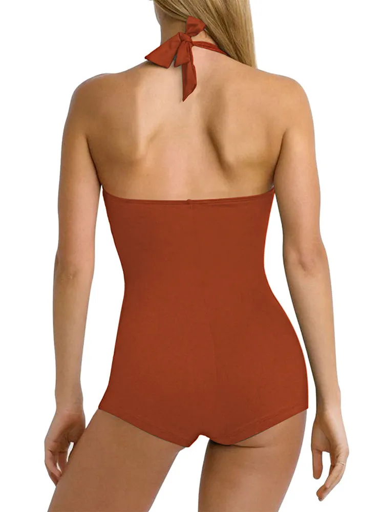 Women's One Piece Tummy Control Swimwear Boyleg Backless Ruched Swimsuit