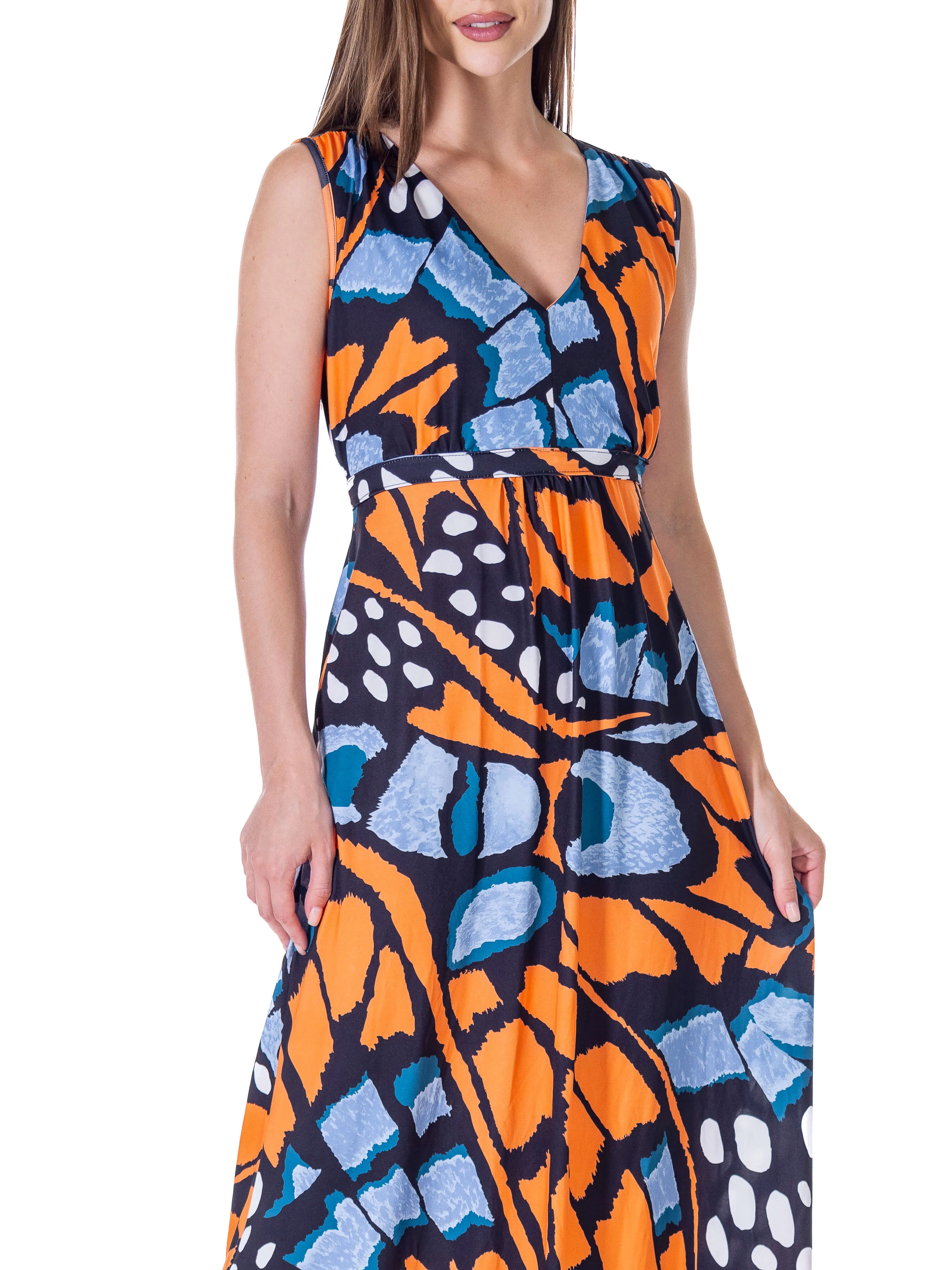 Womens Orange Butterfly Print V Neck Tie Back Empire Waist Sleeveless Maxi Dress