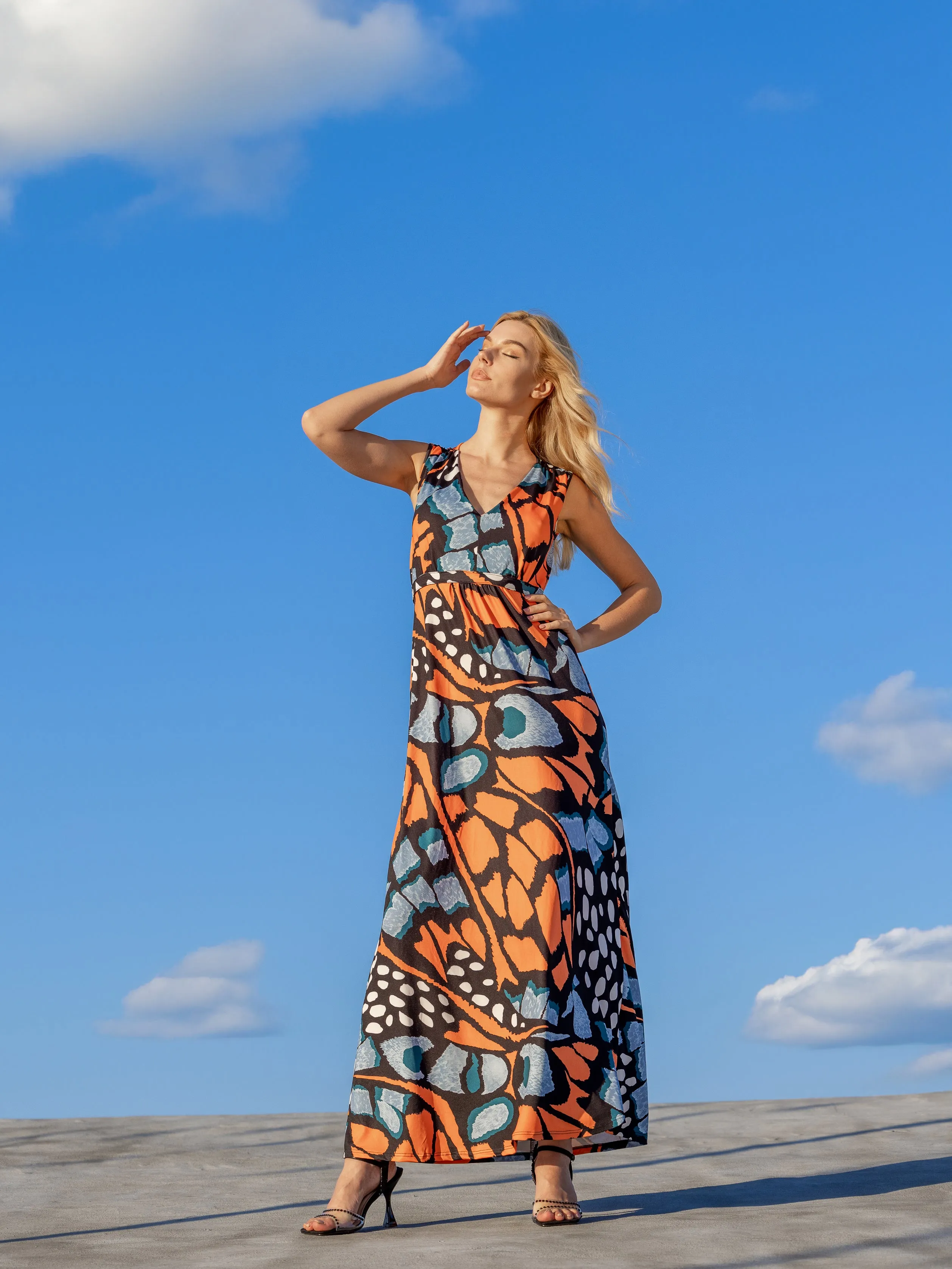 Womens Orange Butterfly Print V Neck Tie Back Empire Waist Sleeveless Maxi Dress