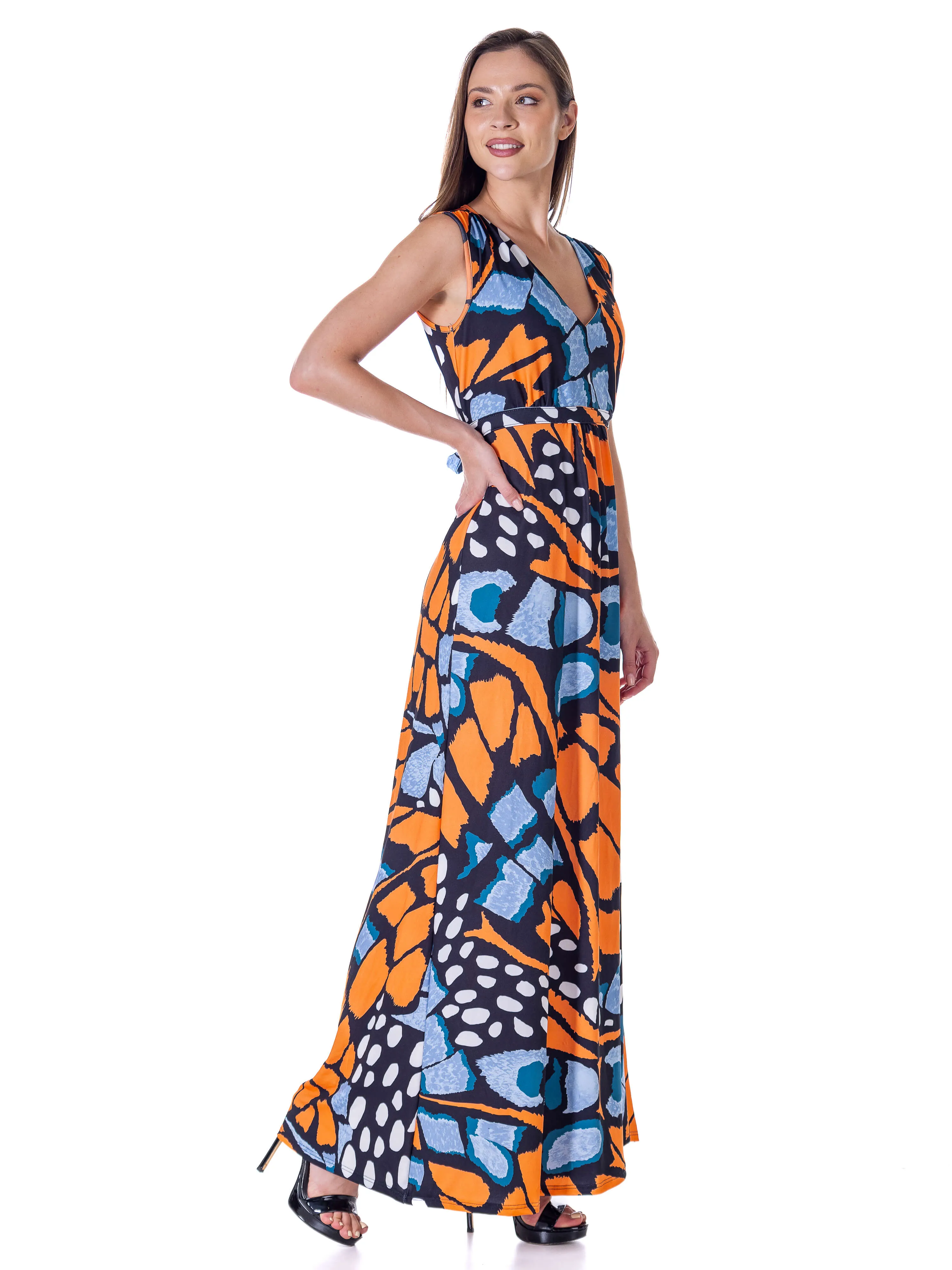 Womens Orange Butterfly Print V Neck Tie Back Empire Waist Sleeveless Maxi Dress