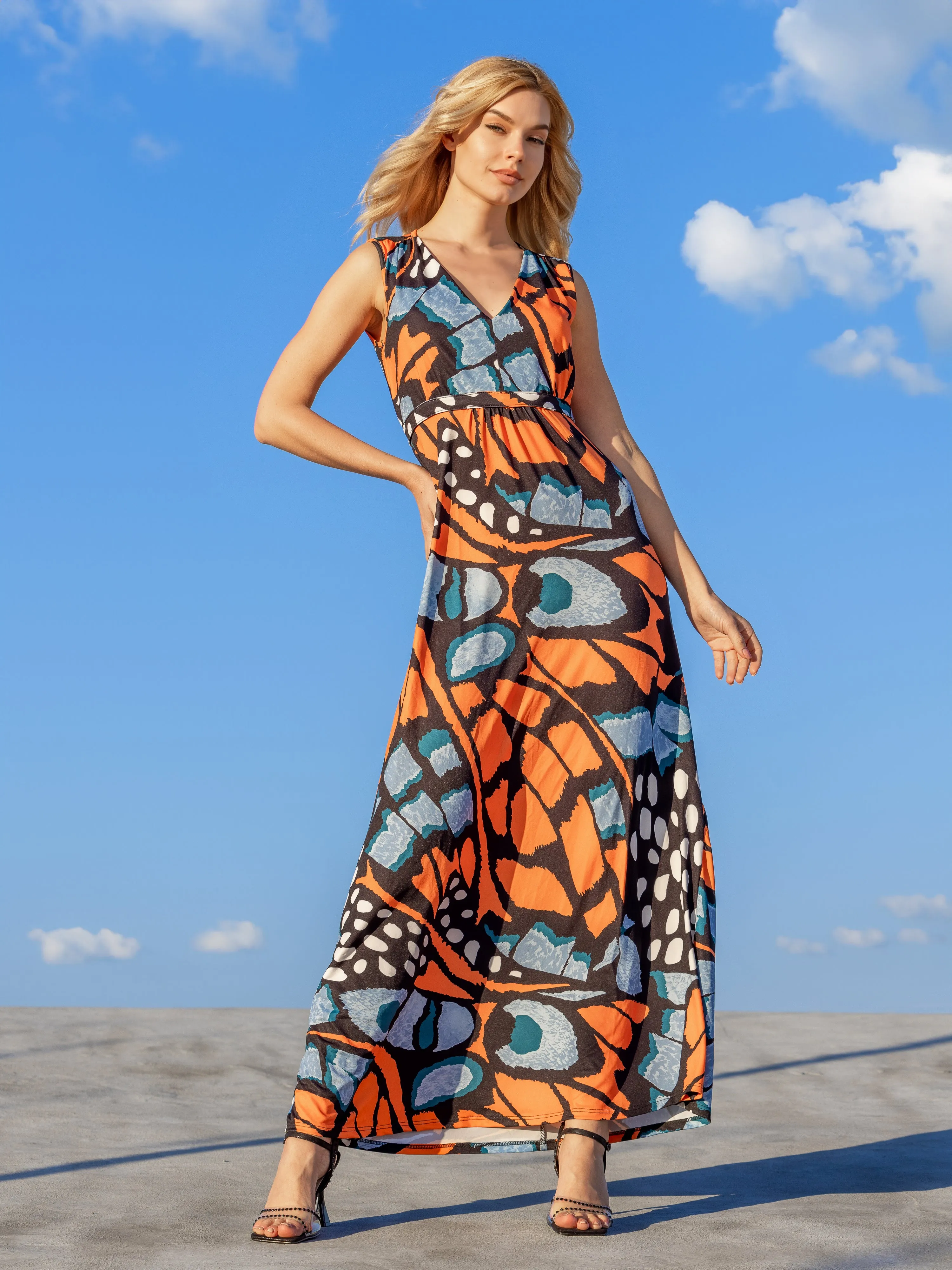 Womens Orange Butterfly Print V Neck Tie Back Empire Waist Sleeveless Maxi Dress