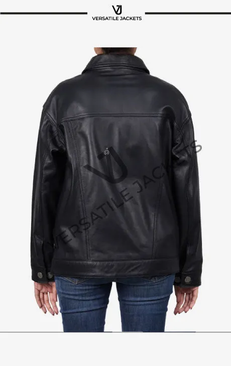 Women's Oversized Black Lambskin Leather Trucker Jacket