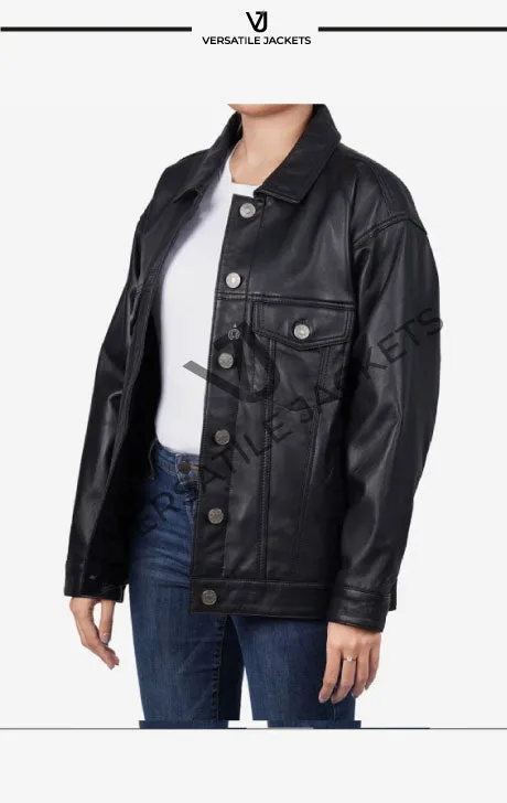 Women's Oversized Black Lambskin Leather Trucker Jacket