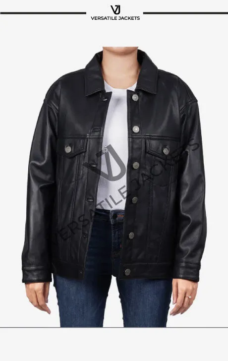 Women's Oversized Black Lambskin Leather Trucker Jacket