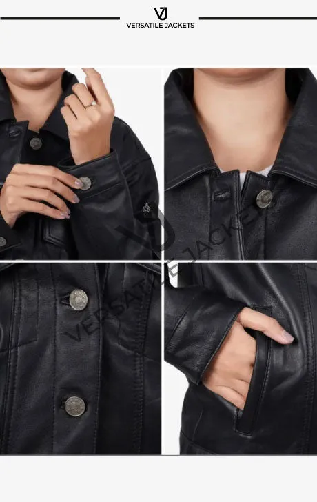 Women's Oversized Black Lambskin Leather Trucker Jacket