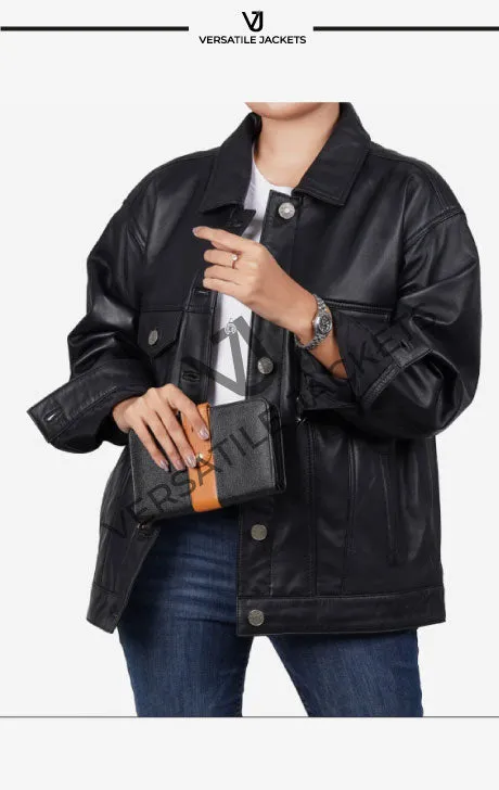 Women's Oversized Black Lambskin Leather Trucker Jacket