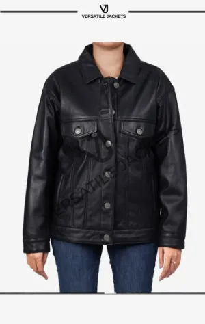 Women's Oversized Black Lambskin Leather Trucker Jacket