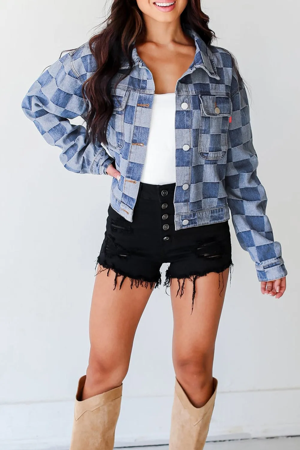 Women's Oversized Denim Jacket Casual Plaid Pockets Jean Jacket Autumn Spring