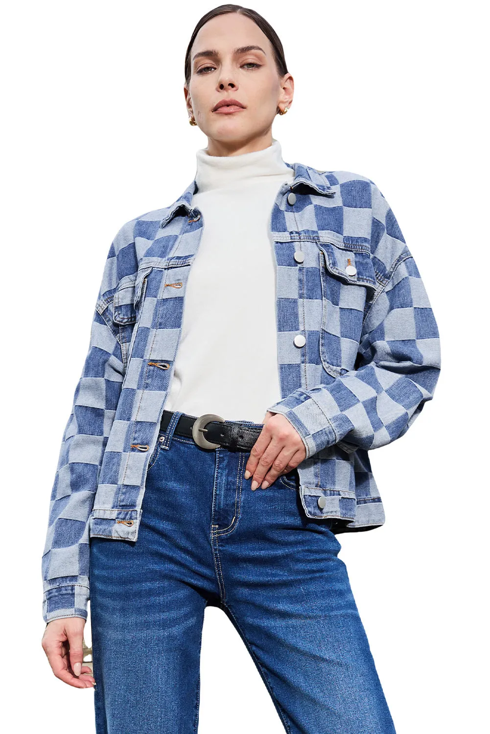 Women's Oversized Denim Jacket Casual Plaid Pockets Jean Jacket Autumn Spring