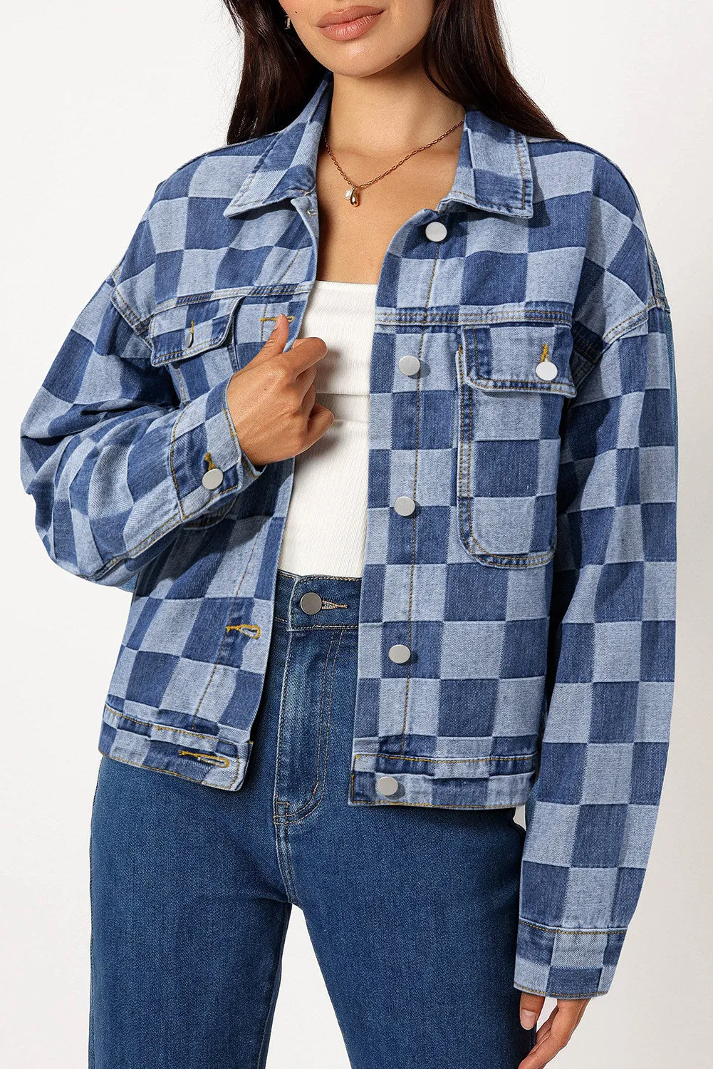 Women's Oversized Denim Jacket Casual Plaid Pockets Jean Jacket Autumn Spring