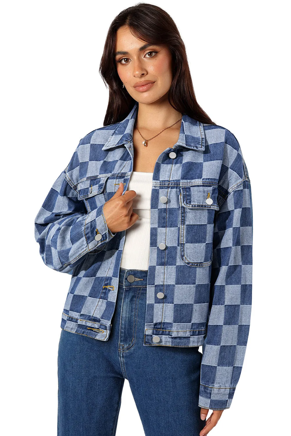 Women's Oversized Denim Jacket Casual Plaid Pockets Jean Jacket Autumn Spring