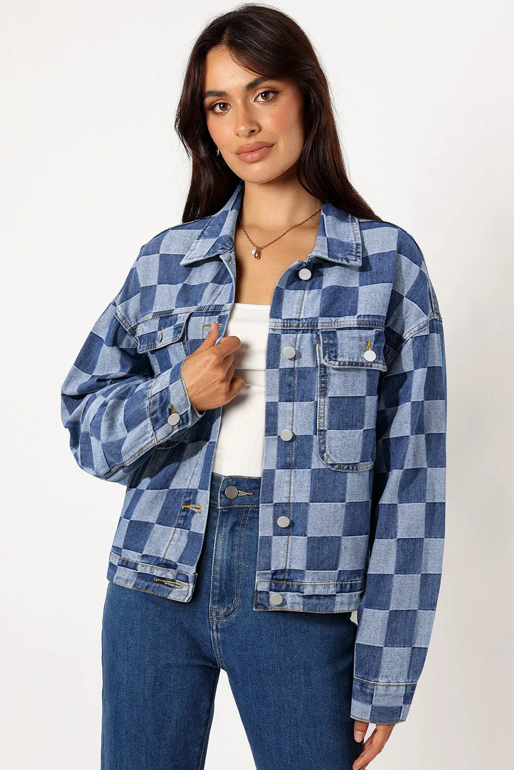 Women's Oversized Denim Jacket Casual Plaid Pockets Jean Jacket Autumn Spring