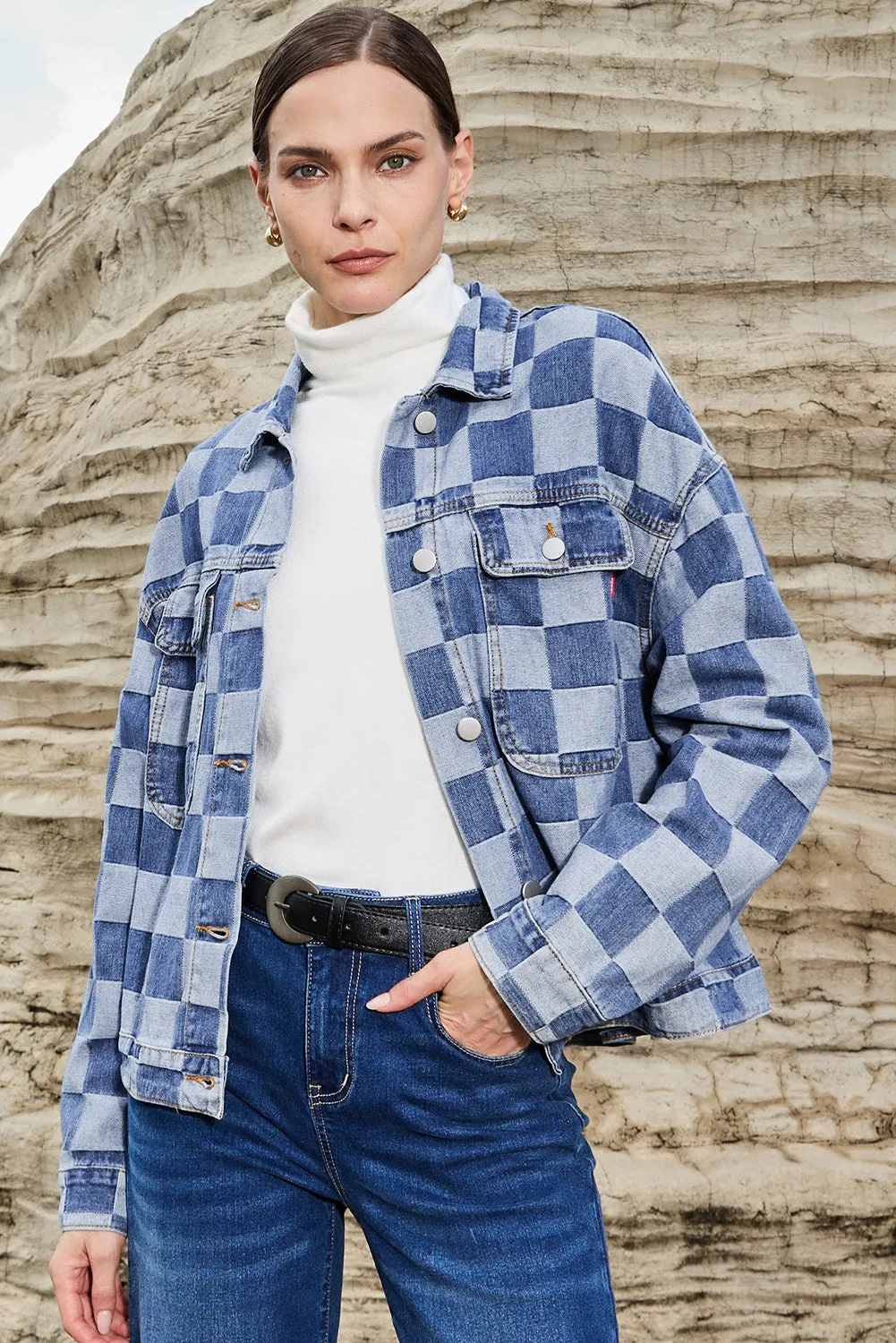 Women's Oversized Denim Jacket Casual Plaid Pockets Jean Jacket Autumn Spring