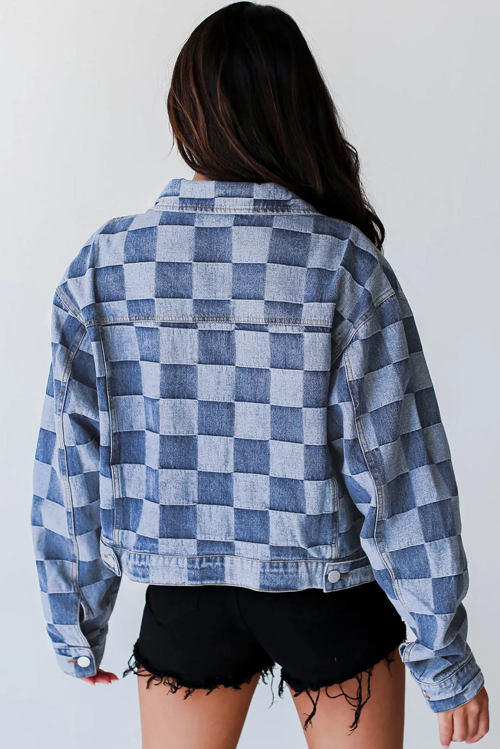 Women's Oversized Denim Jacket Casual Plaid Pockets Jean Jacket Autumn Spring