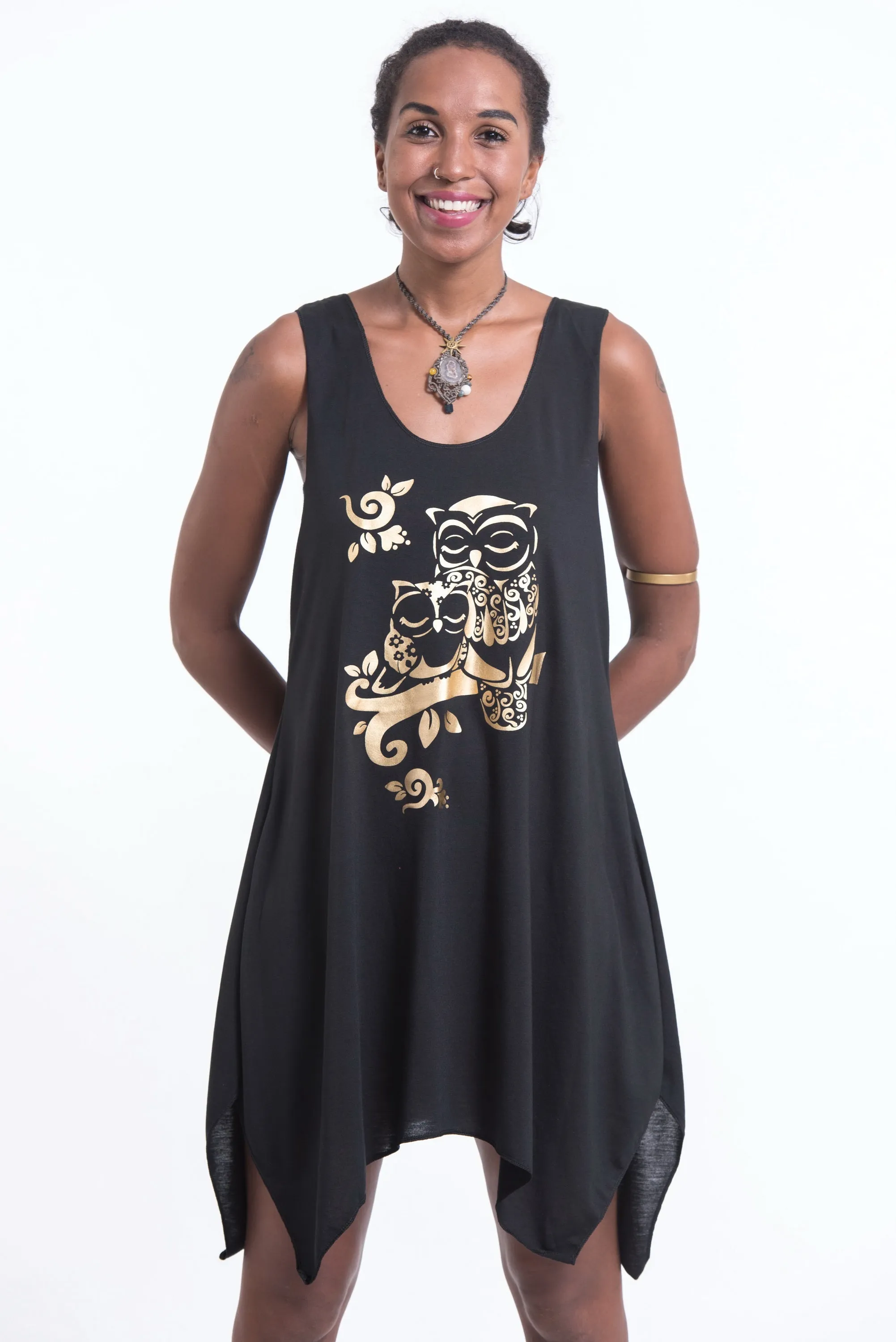 Womens Owls Tank Dress in Gold on Black