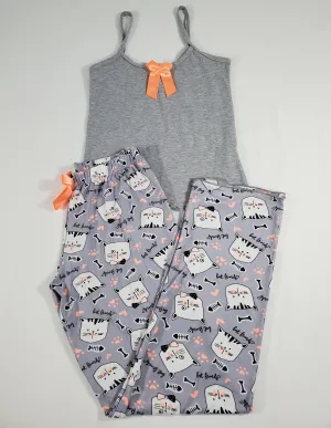 Women's Pajama set gray pants kittens theme gray blouse