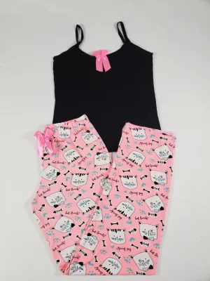 Women's Pajama set pink pants kittens theme black blouse