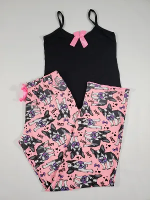 Women's Pajama set pink pants puppies and love theme black blouse