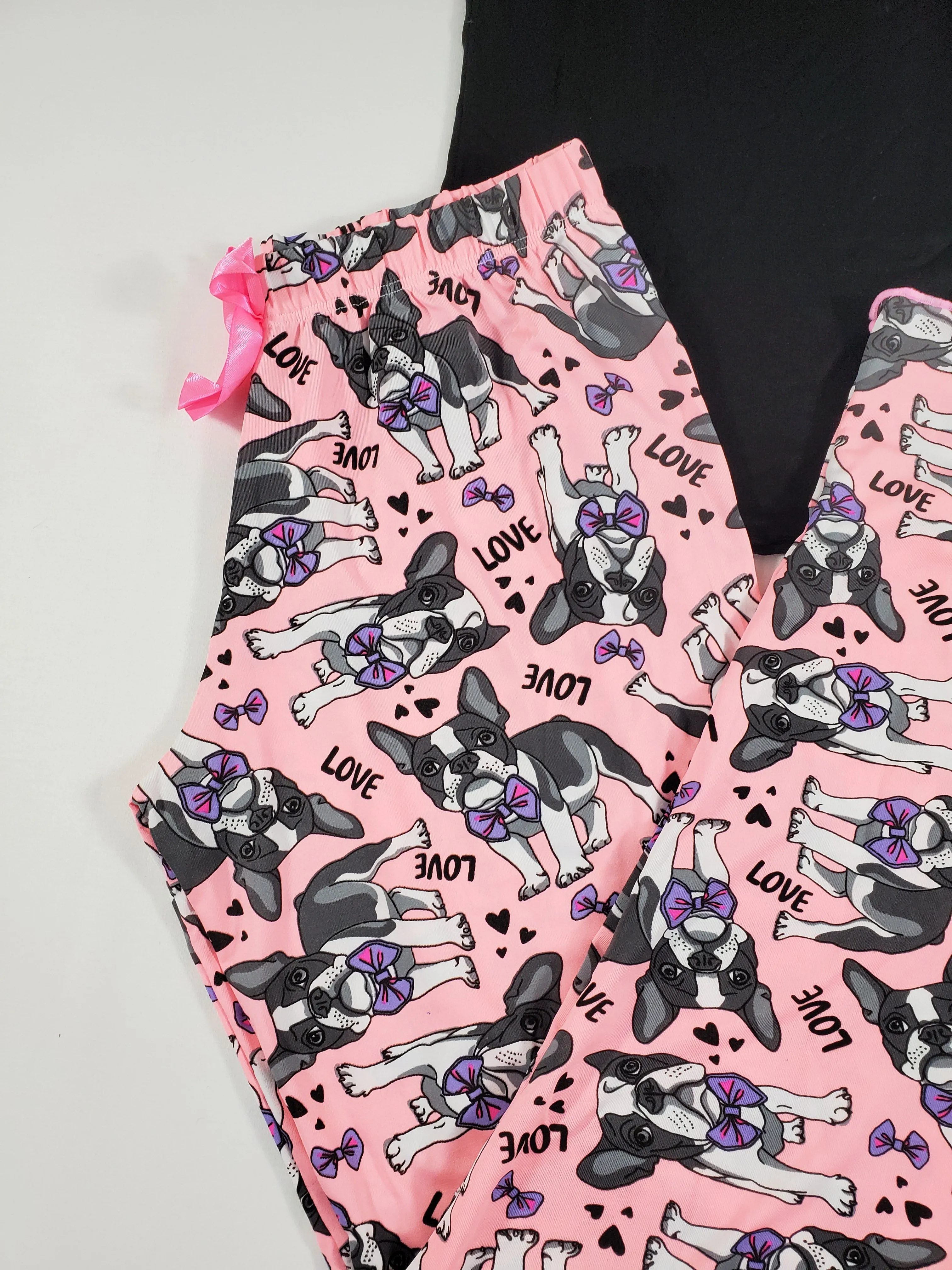 Women's Pajama set pink pants puppies and love theme black blouse