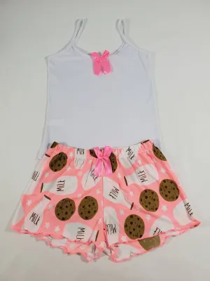 Women's Pajama set pink shorts milk and cookies theme white blouse