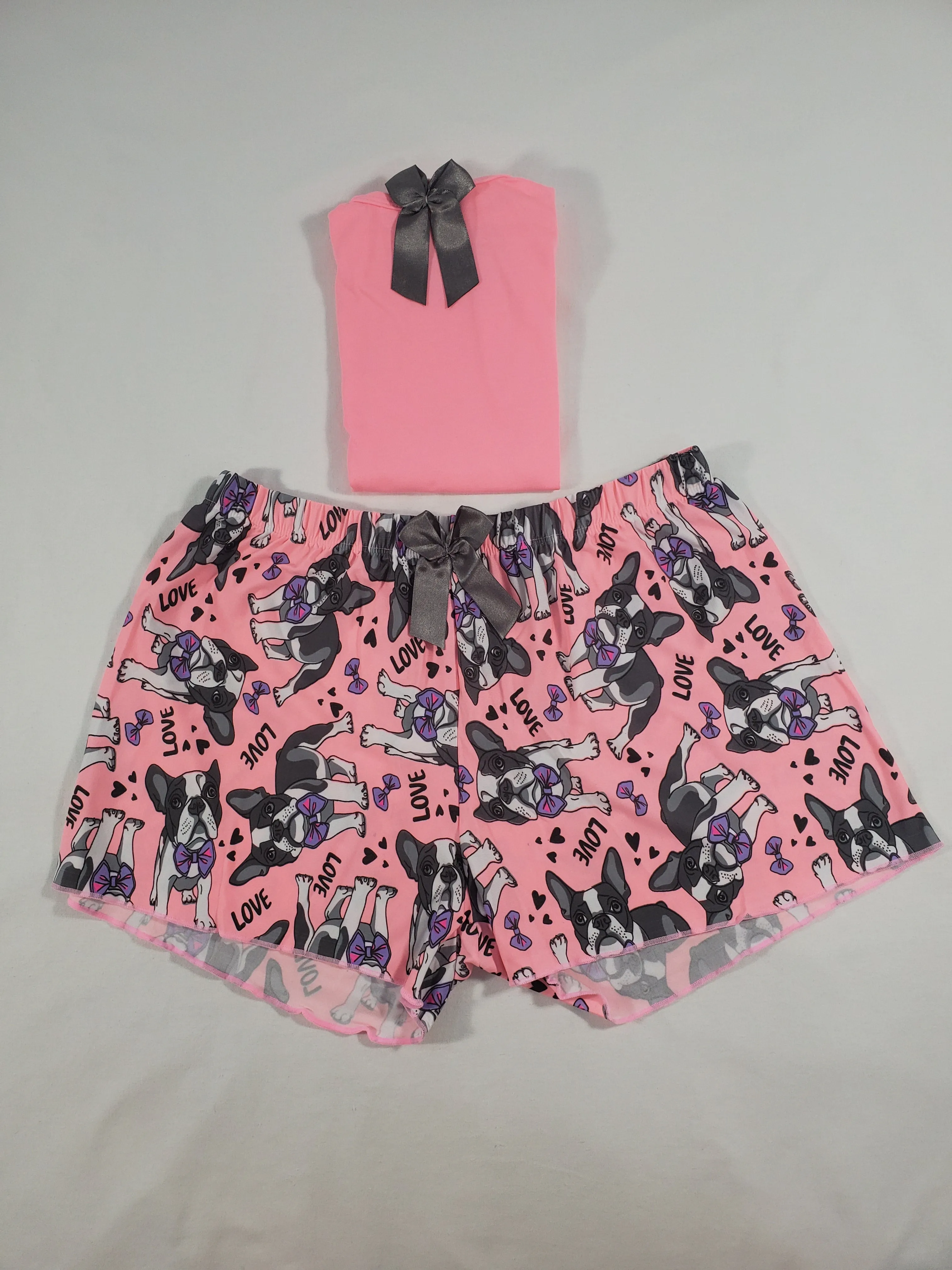 Women's Pajama set pink shorts puppies theme pink blouse