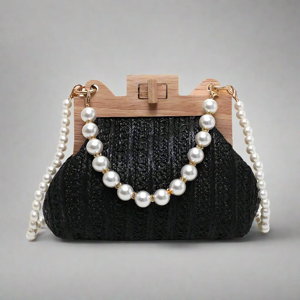 Women's Pearl Chain Handle Straw Woven Shoulder Bag