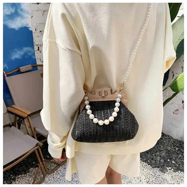 Women's Pearl Chain Handle Straw Woven Shoulder Bag