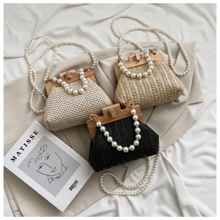 Women's Pearl Chain Handle Straw Woven Shoulder Bag