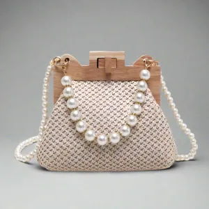 Women's Pearl Chain Handle Straw Woven Shoulder Bag