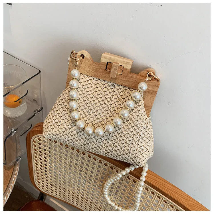 Women's Pearl Chain Handle Straw Woven Shoulder Bag