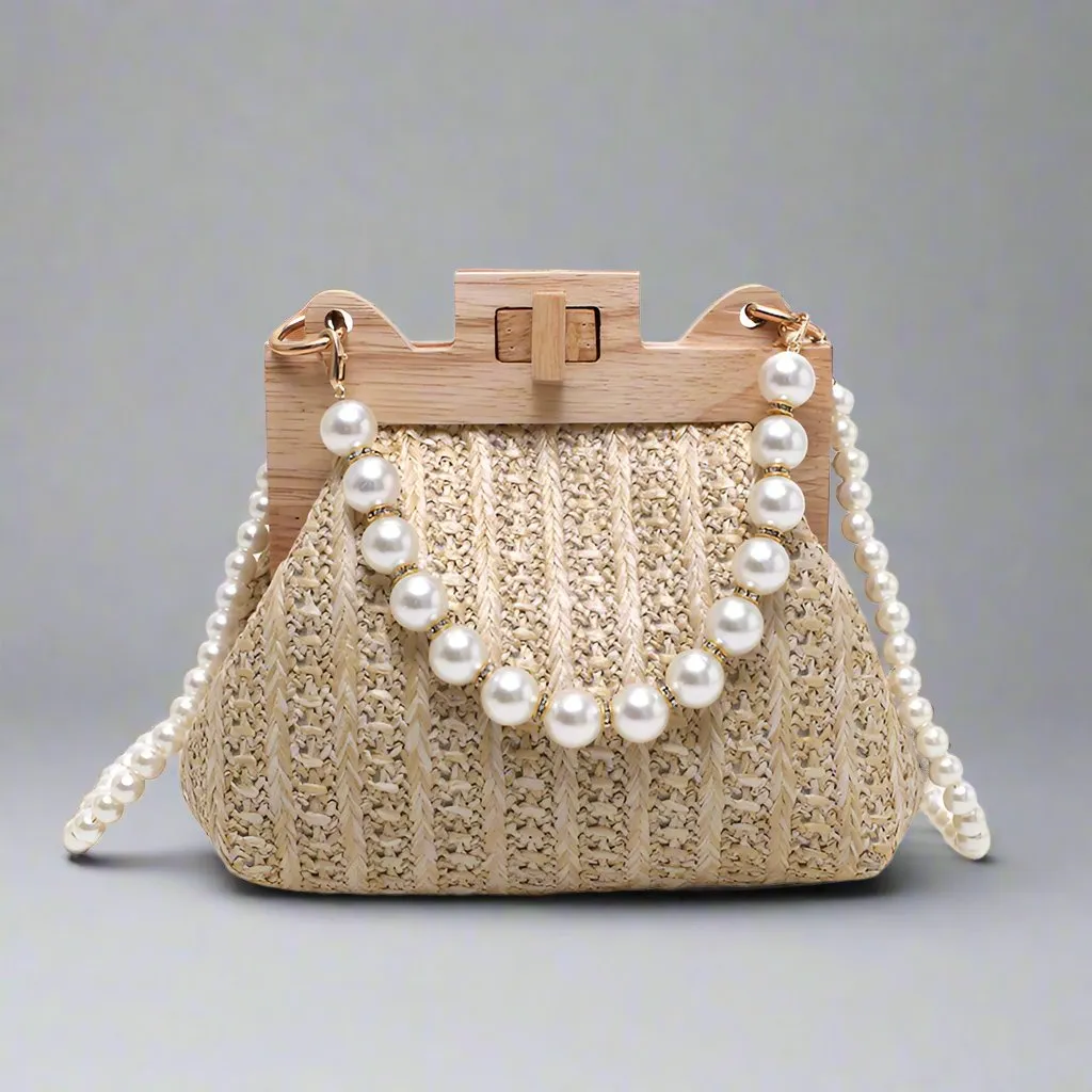 Women's Pearl Chain Handle Straw Woven Shoulder Bag