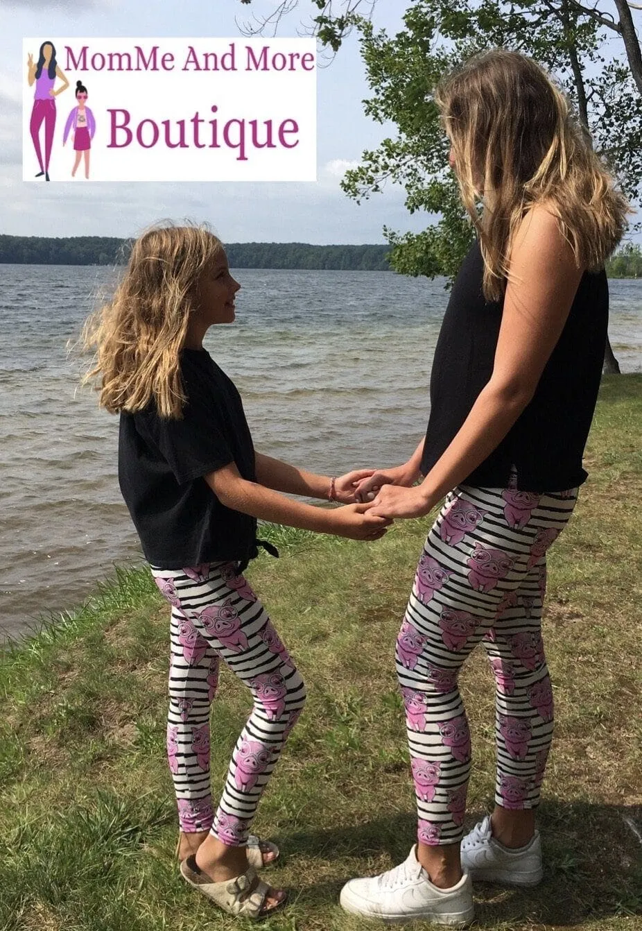 Womens Pig Leggings, Soft Yoga Pants, Sizes OS/TC, Yoga Waist, Pink/White/Black, Exclusive Leggings