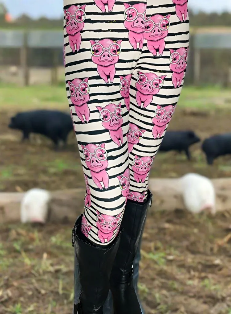 Womens Pig Leggings, Soft Yoga Pants, Sizes OS/TC, Yoga Waist, Pink/White/Black, Exclusive Leggings