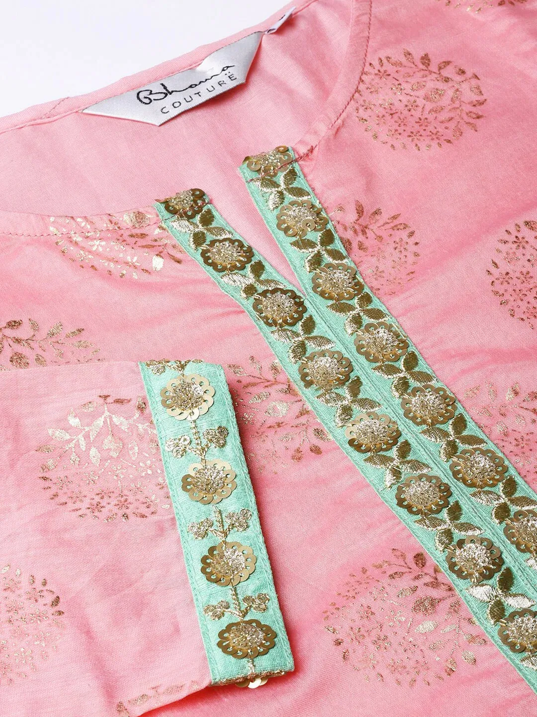 Women'S Pink & Golden Printed Kurta With Palazzos