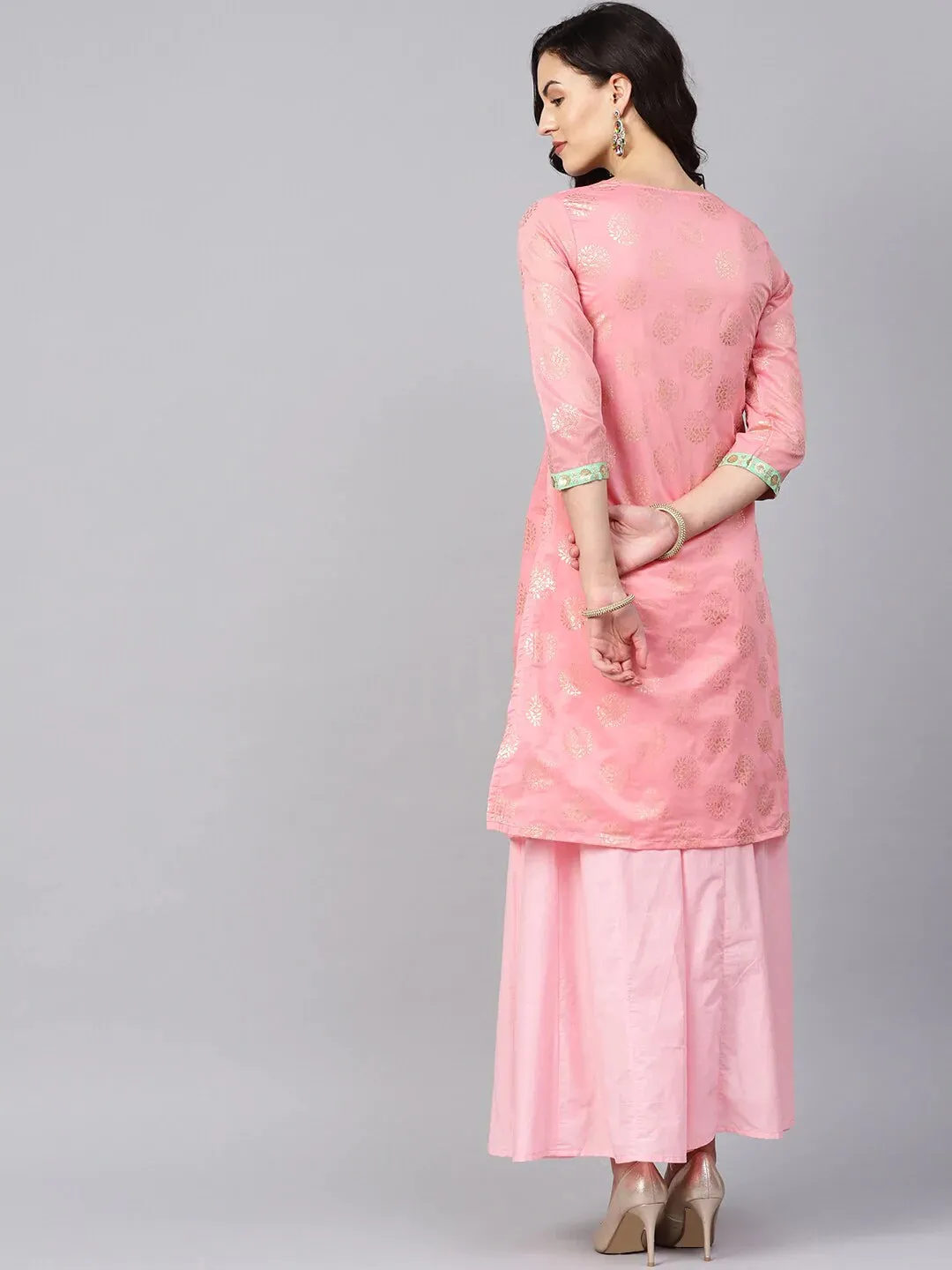 Women'S Pink & Golden Printed Kurta With Palazzos