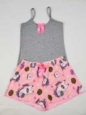 Women's Pink Classic pajamas shorts unicorn and cookies theme gray blouse