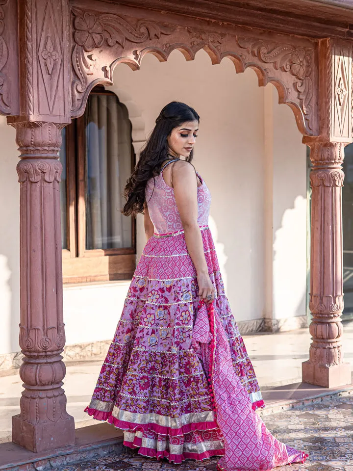 Women'S Pink Cotton Sleeves Less Anarkali Sharara Set With Dupatta