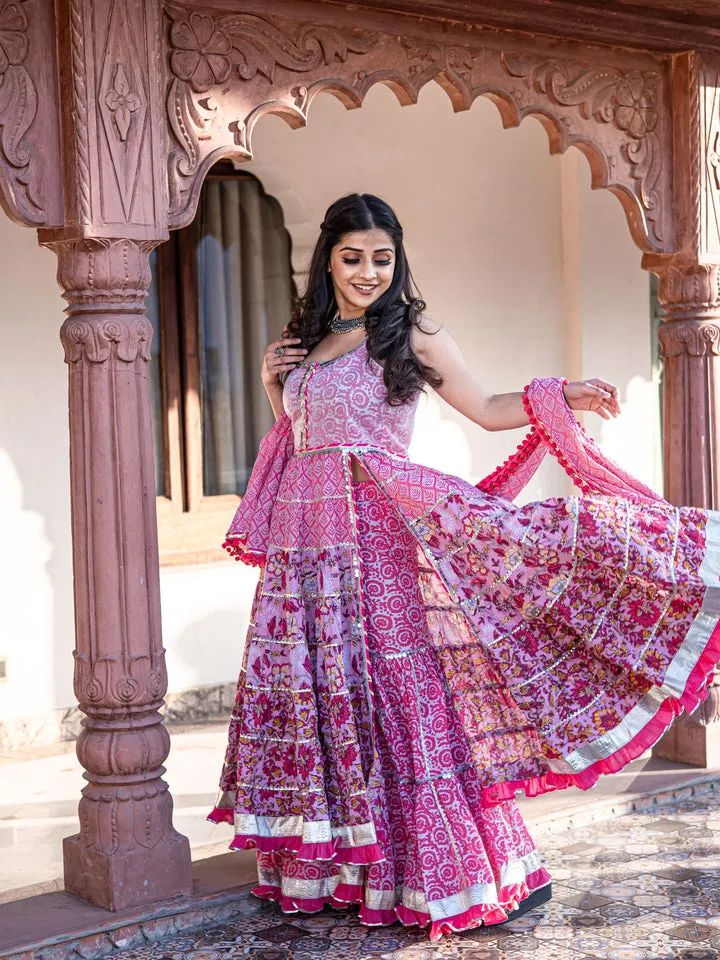 Women'S Pink Cotton Sleeves Less Anarkali Sharara Set With Dupatta