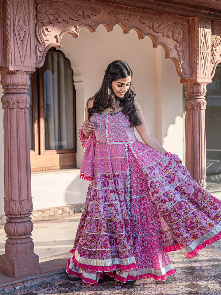 Women'S Pink Cotton Sleeves Less Anarkali Sharara Set With Dupatta