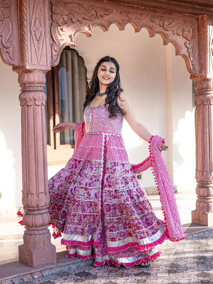 Women'S Pink Cotton Sleeves Less Anarkali Sharara Set With Dupatta